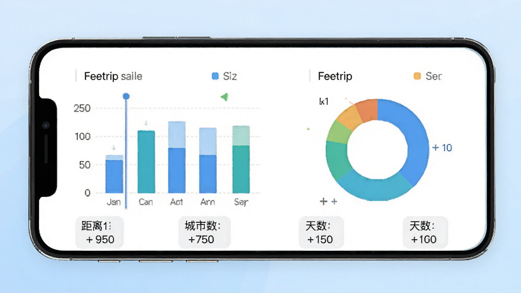 主体为手机屏幕展示Feetrip数据统计页面,包含柱状图与环形图,布局为手机正面居中,背景为淡蓝色渐变,排版简洁对称,风格为扁平化UI设计展示图,细节包括距离数值、城市数量、天数等数据标签,画质高清、干净、无多余元素