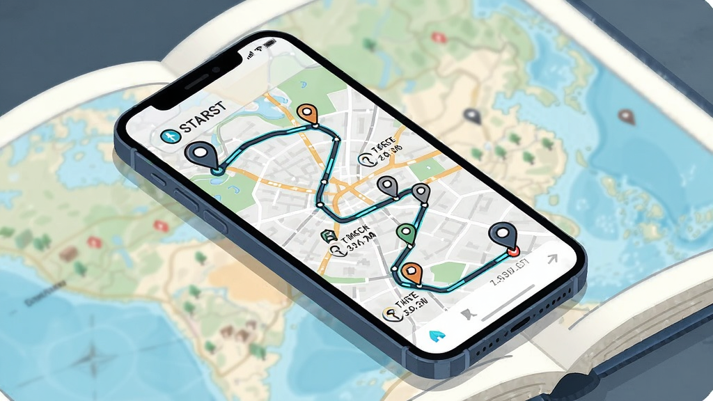 主体为手机屏幕显示一条蜿蜒的旅行路线轨迹覆盖在城市地图上,布局为手机斜放于地图册上方,排版采用对角线构图,风格为现代科技感与旅行手账结合的插画风,细节包括路线上的起点终点标记、途经地点小图标、时间戳,画质清晰、干净、无多余元素