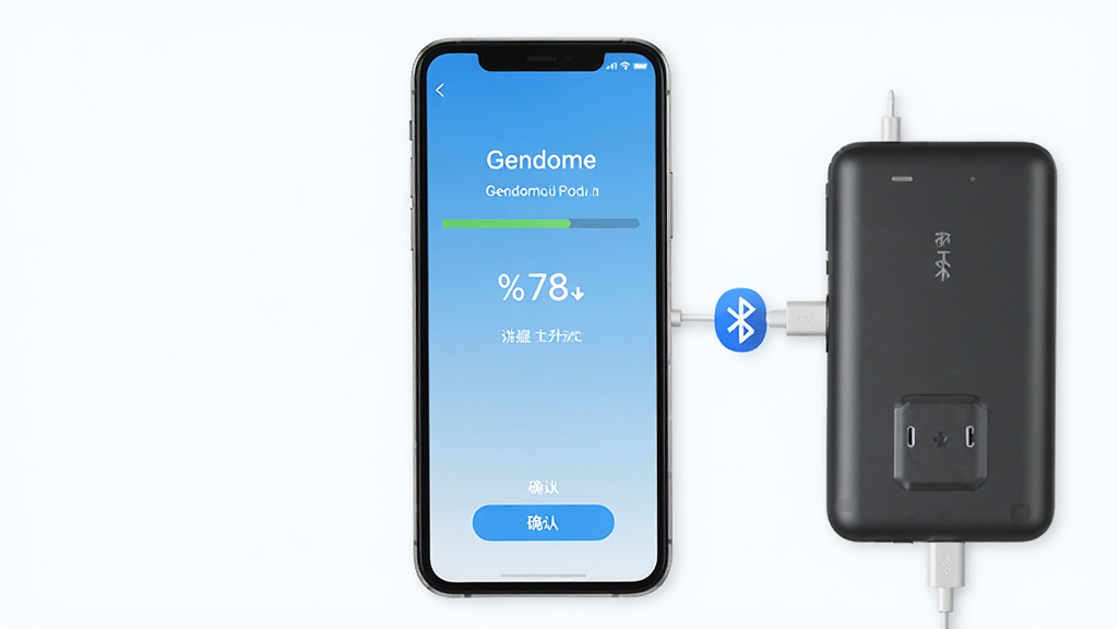 手机屏幕显示Gendome固件升级界面,进度条显示百分之七十八,背景为浅蓝色渐变,主体为手机和充电宝通过蓝牙图标连接,布局居中,风格简洁明快,细节有升级说明文字和确认按钮,画质高清,干净,无多余元素