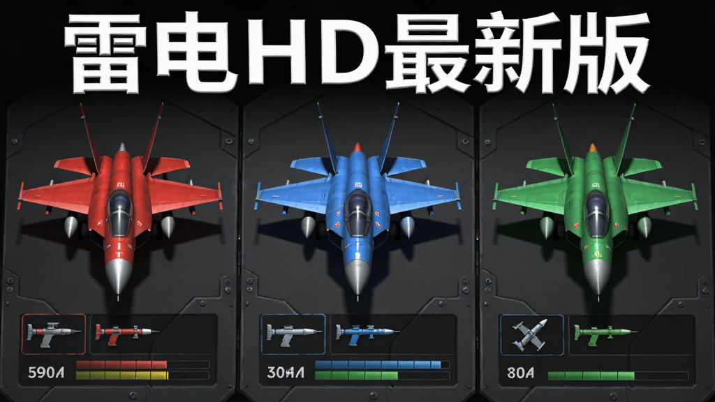 三架不同颜色和造型的战斗机并排展示在深灰色金属面板上,从左到右分别是红色、蓝色和绿色涂装,每架战机下方有武器图标与属性条,画面顶部有