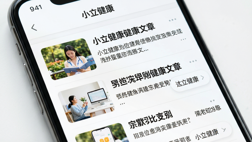 主体为手机屏幕特写,显示“小立健康”的健康科普文章列表,文章标题清晰可见;布局采用上下滚动式信息流;排版整洁,左侧有缩略图,右侧为标题和摘要;风格为清新阅读风,背景为白色;细节上文字锐利,图片色彩自然;画质高清,干净,无多余元素。
