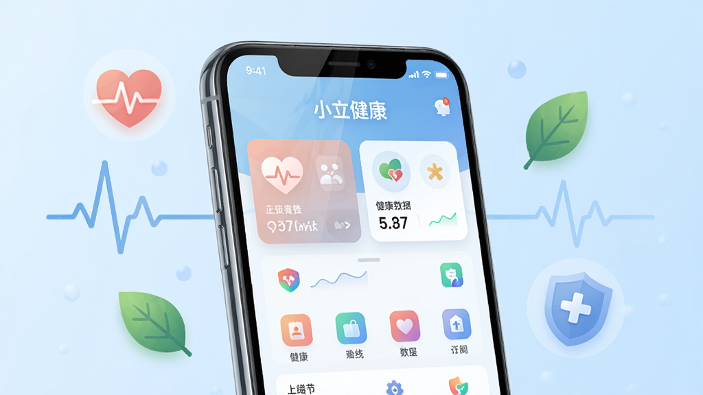 主体为一部智能手机,屏幕上显示“小立健康”应用主界面,界面布局清晰,包含健康数据卡片和功能图标;背景为干净的浅蓝色渐变,周围点缀着心率线、叶子、盾牌等健康元素;风格为现代扁平化科技风;细节上手机有轻微反光,图标色彩柔和;画质高清,干净,无多余元素。