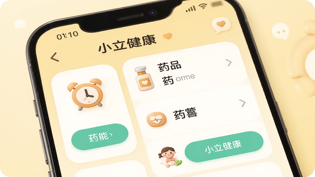 主体为手机界面,显示“小立健康”的用药提醒设置页面,有闹钟图标和药品列表;布局为卡片式排列;排版清晰,按钮醒目;风格为温馨生活风,背景为淡黄色;细节上图标圆润,文字易读;画质高清,干净,无多余元素。