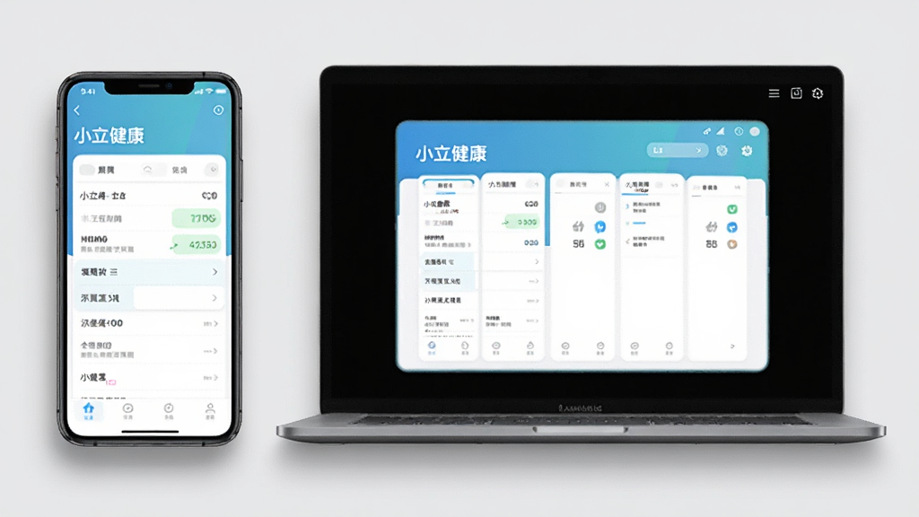 主体为一部手机和一台笔记本电脑并排摆放,手机屏幕显示“小立健康”记录页面,电脑屏幕显示模拟器中的相同界面;布局为左右对比;排版简洁;风格为科技办公风,背景为浅灰色;细节上设备有阴影,界面清晰;画质高清,干净,无多余元素。