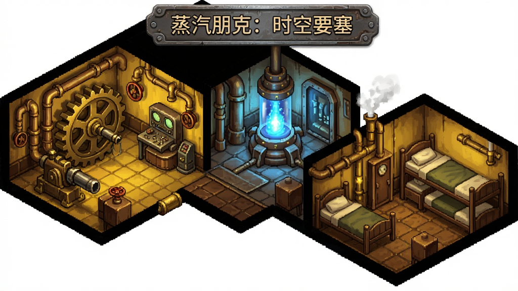 蒸汽朋克风格的要塞内部建造界面,画面采用等距视角,展示多个不同功能的舱室,如带有巨大齿轮的武器工坊、闪烁着蓝色光芒的能源核心室、摆放着双层床的船员宿舍,墙壁上有复杂的管道和阀门,整体色调为暖黄与深棕,风格统一且精致,画质清晰,干净,无多余元素,界面顶部有“蒸汽朋克:时空要塞”的金属标牌