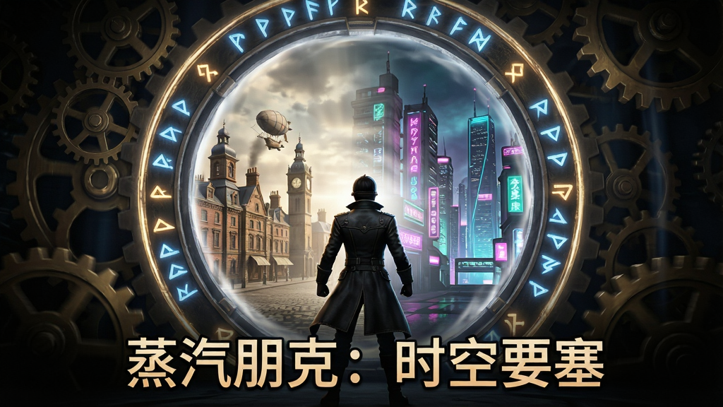 游戏剧情过场动画风格,主角站在巨大的时空传送门前,传送门由无数旋转的齿轮和发光的符文构成,门内显现出不同时代的景象,一边是维多利亚风格的建筑,另一边是充满霓虹灯的赛博都市,主角背影坚定,画面充满史诗感,光影对比强烈,画质清晰,干净,无多余元素,画面下方有“蒸汽朋克:时空要塞”的艺术字体