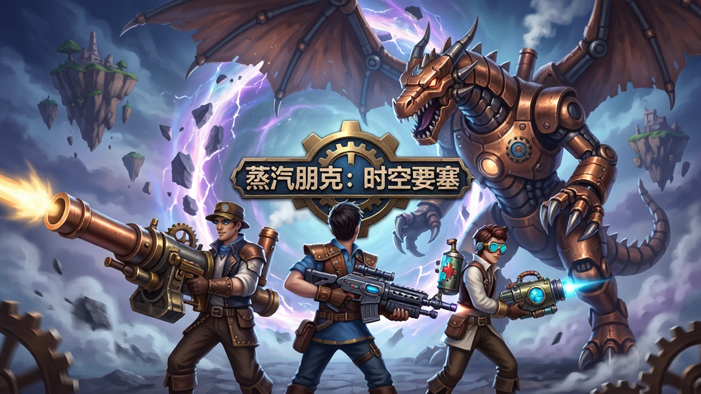 蒸汽朋克风格的多人战斗场景,三名玩家操控的角色背靠背站立,分别持有重型火炮、电磁步枪和治疗装置,正面对抗一只巨大的机械巨龙,背景是破碎的时空裂缝和悬浮的岛屿,画面充满动感和协作氛围,色彩以铜色、蓝色和紫色为主,画质清晰,干净,无多余元素,画面中央有“蒸汽朋克:时空要塞”的队徽标志