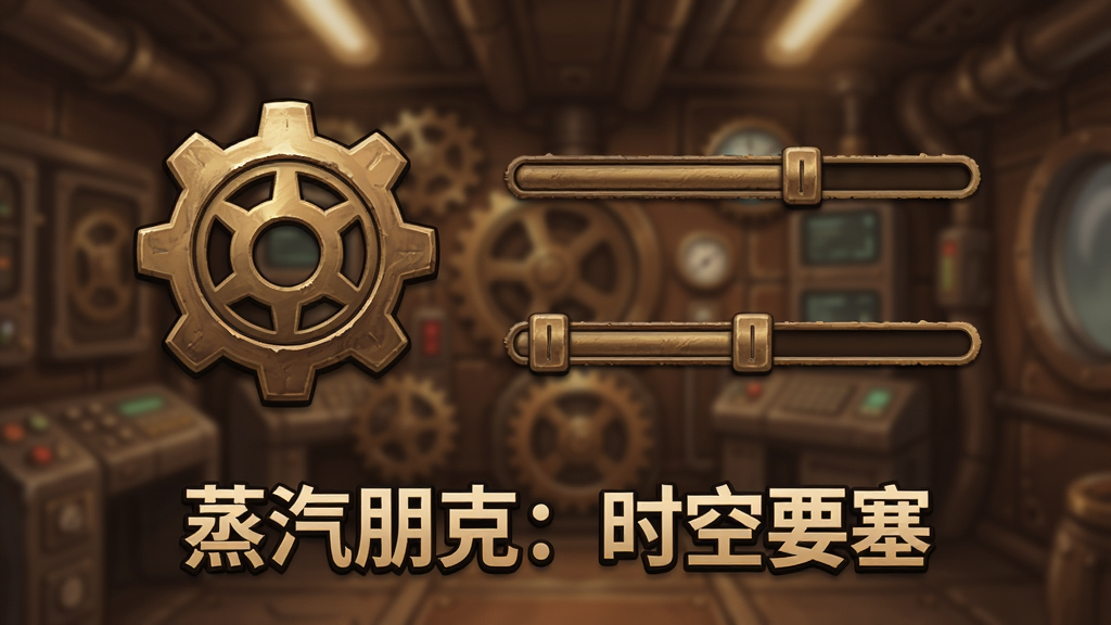蒸汽朋克风格的游戏内设置界面,画面中有一个醒目的齿轮图标,旁边有滑动条可以调节画质和帧率,画面下方有“蒸汽朋克:时空要塞”的logo,背景是模糊的机械舱室,整体色调为暖棕色,画质清晰,干净,无多余元素