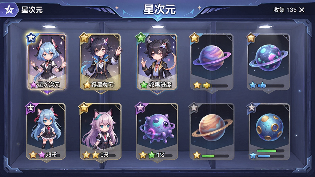 主体为星次元APP个性化装扮界面,布局采用展示柜式排列,排版上显示多种角色卡牌和星球皮肤,风格为华丽二次元收藏风,细节包括卡牌稀有度标识、皮肤预览、收集进度条,画面中带有
