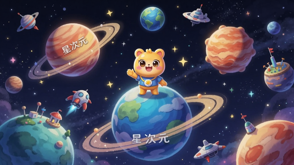 主体为星次元APP中多个彩色星球悬浮在宇宙空间中,布局采用环绕式排版,中心为奇喵君角色站在星球上,风格为梦幻二次元插画风,细节包括星光、星环、宇宙飞船、星球表面建筑,画面中带有