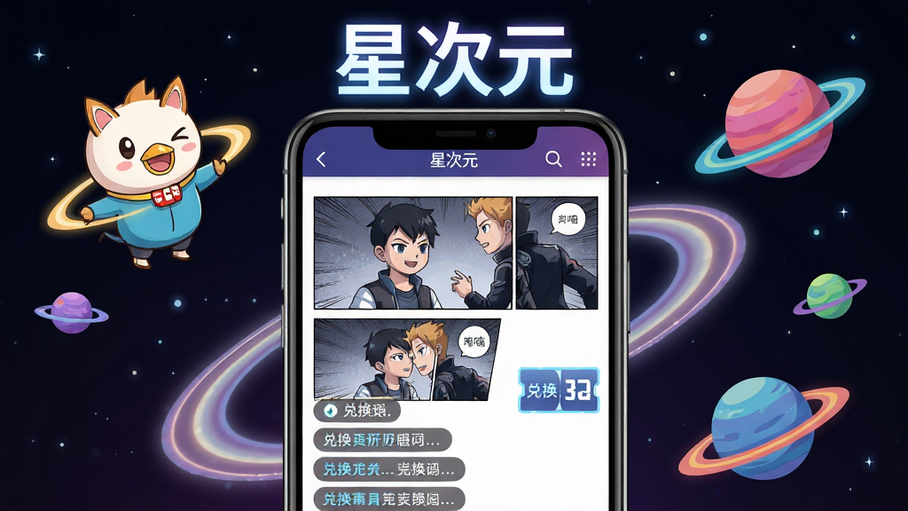 主体为一部智能手机屏幕中展示星次元APP的漫画阅读界面,布局采用居中构图,手机两侧悬浮着奇喵君卡通角色和彩色星球元素,排版上软件名称