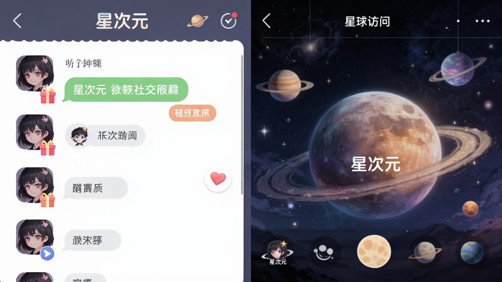 主体为星次元APP社交互动界面,布局采用左右分栏设计,左侧为好友列表,右侧为星球访问画面,风格为温馨二次元社交风,细节包括聊天气泡、礼物图标、角色头像、星球背景,画面中带有