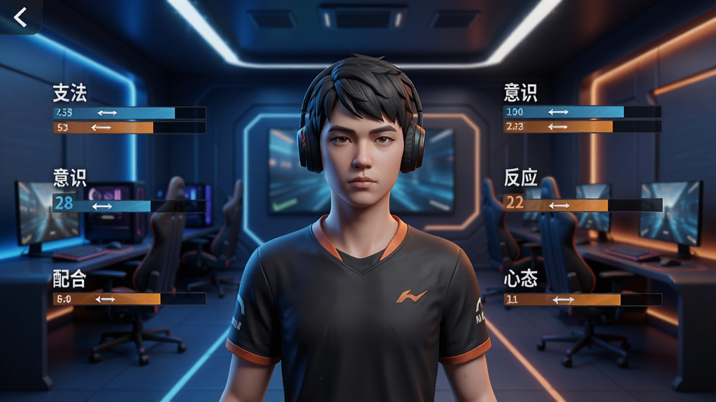 一张游戏内选手培养界面截图,画面展示三角洲电竞经理中的选手训练场景,中央是一位电竞选手的3D半身形象,周围环绕着枪法、意识、反应、配合、心态等属性数值条,背景是现代化的电竞训练室,有电脑设备和灯光装饰,画面风格写实偏科技感,色调以蓝色和橙色为主,文字标注清晰,高清画质,干净无多余元素
