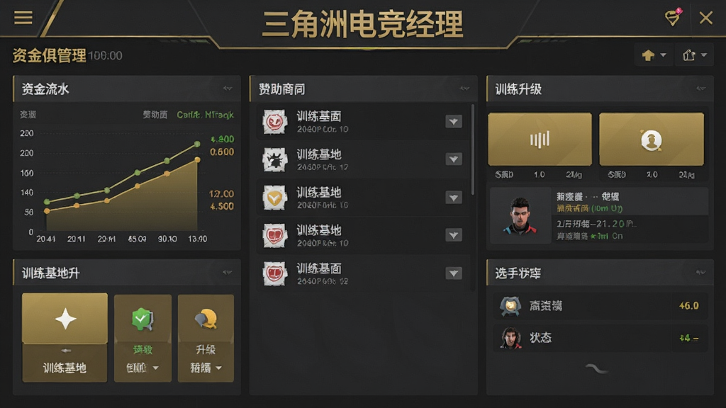 一张游戏俱乐部经营界面截图,画面展示三角洲电竞经理中的俱乐部管理面板,屏幕上有资金流水图表、赞助商合同列表、训练基地升级选项和选手合同状态,界面风格简洁商务,配色以深灰和金色为主,顶部有三角洲电竞经理的标题文字,布局清晰,高清画质,干净无多余元素