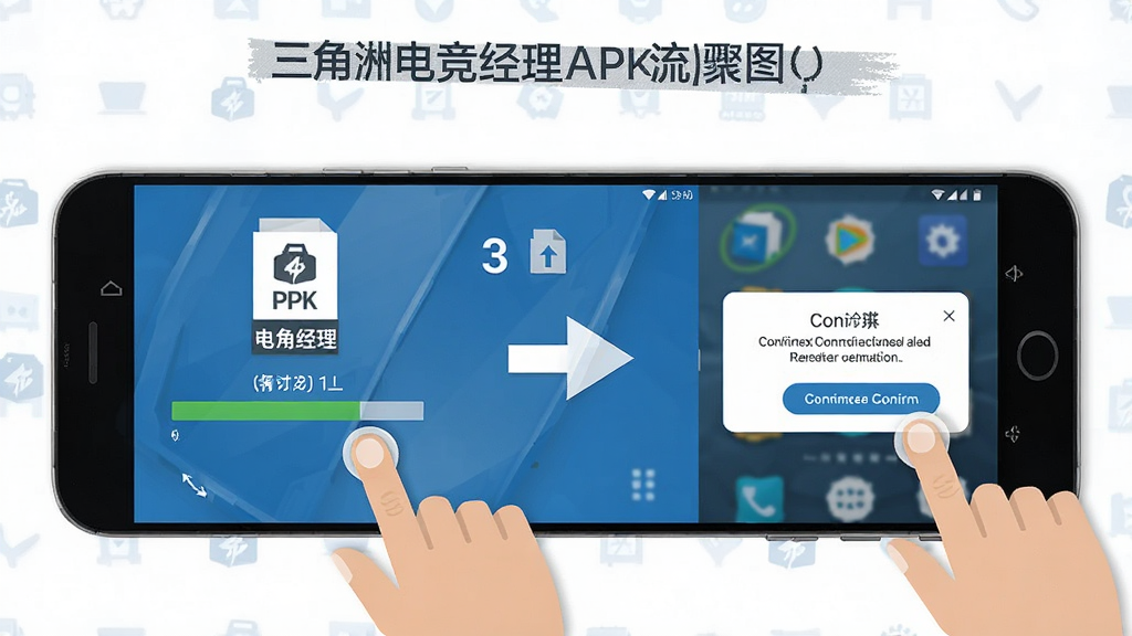 一张手机游戏安装步骤示意图,画面展示在安卓手机上安装三角洲电竞经理APK文件的流程,屏幕上有安装进度条和权限确认弹窗,旁边有手指点击操作的示意,背景是简洁的手机桌面,画面风格扁平化设计,配色以蓝色和白色为主,文字标注清晰,高清画质,无多余元素