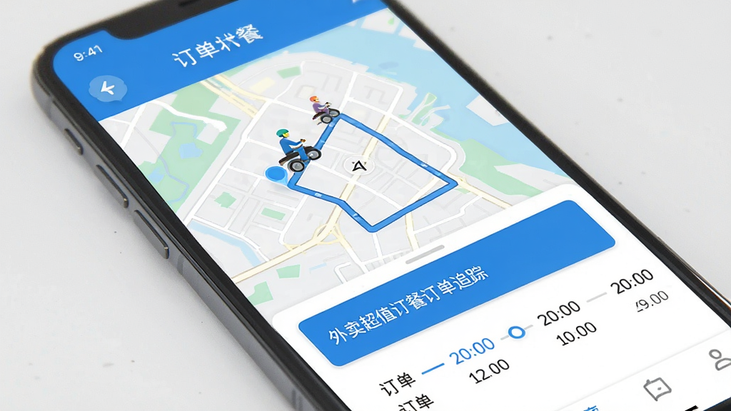 外卖超值订餐订单追踪页面,手机屏幕显示地图上骑手位置与配送路线,下方有订单状态时间轴,界面风格简约清新,以蓝色和白色为主色调,画质清晰干净