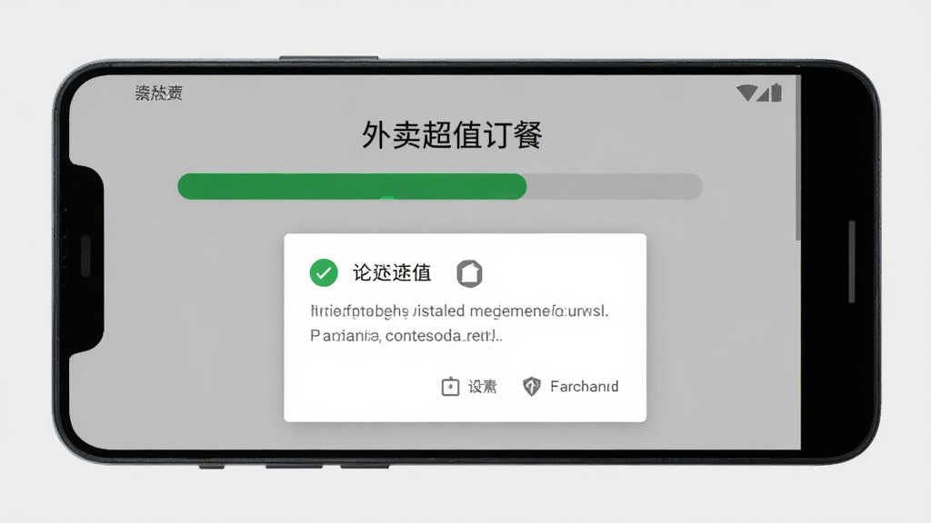 外卖超值订餐安卓手机安装界面,手机屏幕显示安装进度条与权限确认弹窗,背景为浅灰色,画面简洁干净,突出安装步骤与安全提示文字
