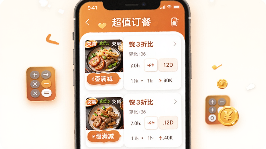 外卖超值订餐应用界面中展示优惠比价功能,屏幕显示多家餐厅的满减标签与折扣对比,旁边有计算器图标和金币符号,整体配色以暖橙色和白色为主,风格活泼明快,画面干净整洁