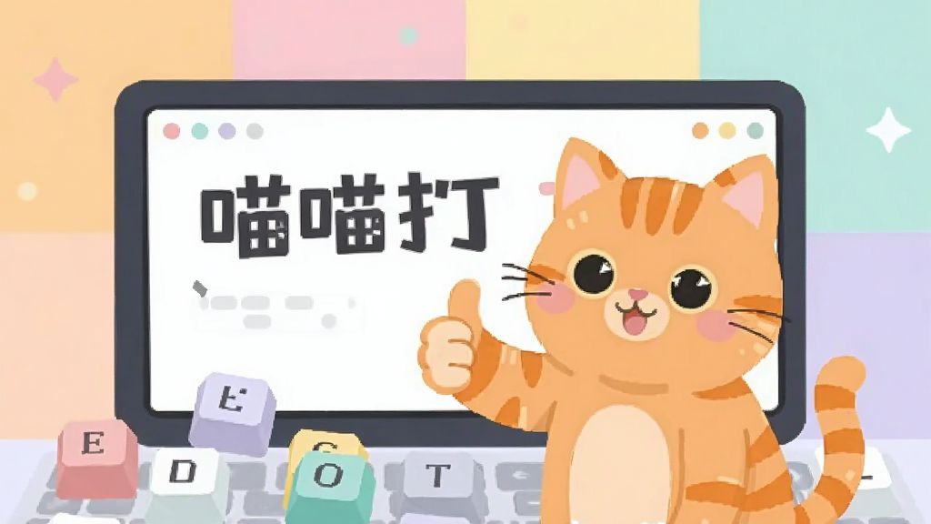 一只橘色小猫在屏幕上竖起大拇指,旁边散落着字母键帽,背景是柔和的马卡龙色块,扁平矢量风格,画面中央有文字“喵喵打字”,画质清晰,干净无多余元素。