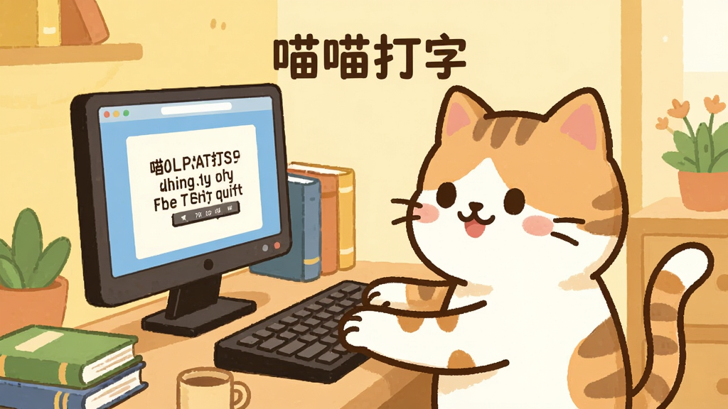 一只可爱的卡通猫咪端坐在书桌前,双爪放在键盘上,屏幕上显示着打字练习的界面,背景是温馨的浅黄色书房,风格为扁平卡通插画,细节丰富,画质清晰,画面干净无多余元素,图片中央带有文字“喵喵打字”。