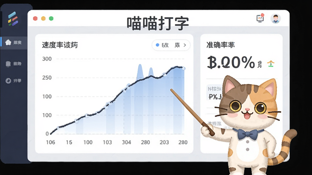 一个简洁的数据仪表盘界面,显示速度曲线和准确率百分比,旁边有一只小猫拿着教鞭指向图表,风格为现代扁平化,图片中带有文字“喵喵打字”,画质干净清晰。