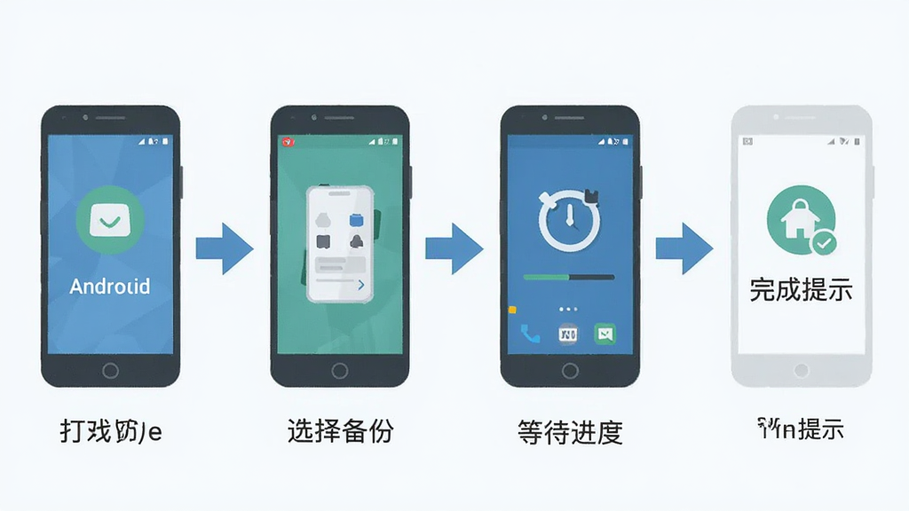 一张信息图风格的插图,展示安卓手机备份聊天记录的四个步骤:打开软件、选择备份、等待进度、完成提示,每个步骤配有小图标和简短文字说明,排版为横向流程图,风格为扁平化UI,细节包括手机轮廓、箭头连接,画质清晰,干净无多余元素。