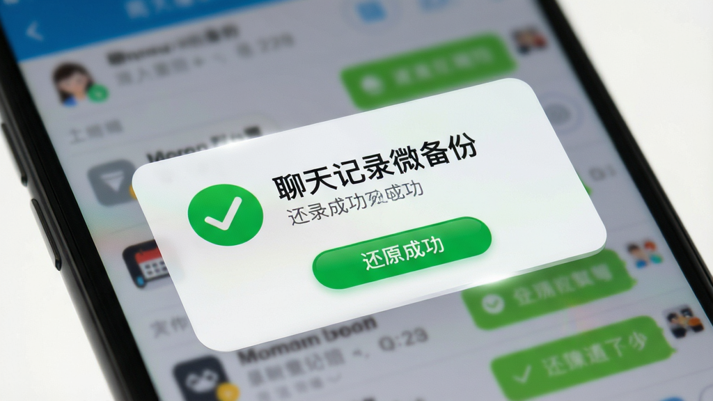 手机屏幕特写,显示“聊天记录微备份”的还原成功提示界面,绿色对勾图标醒目,背景是手机聊天列表的虚化效果,排版上提示框居中,风格为清新扁平化,细节包括按钮高光、文字清晰,画质干净,无多余装饰。
