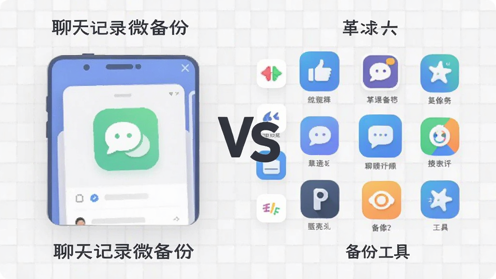 一张横向对比图,左侧是“聊天记录微备份”软件界面,右侧是其他备份工具图标集合,中间用“VS”分隔,背景是浅灰色网格,排版对称,风格为扁平化设计,细节包括图标圆角、文字标签,画质清晰,干净无多余元素。