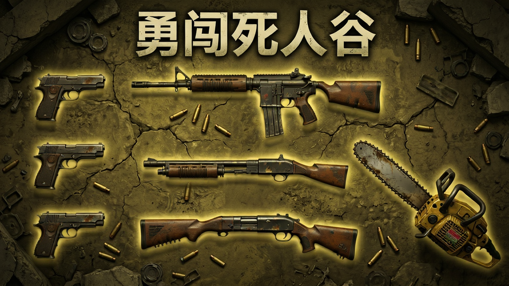 主体是散落在废墟地面上的多种末日武器,包括手枪、步枪、霰弹枪和电锯;布局采用平铺俯视构图,武器整齐排列;排版上每件武器周围有淡淡光晕;风格写实军事风,色调偏暗黄;细节包括武器磨损痕迹、弹壳散落、地面裂纹;画质高清,干净,无多余元素,画面顶部写