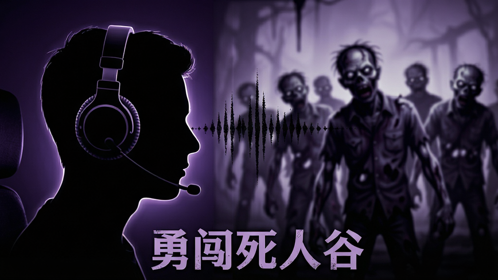 主体是一个戴着耳机的玩家侧脸剪影,前方是模糊的僵尸群投影;布局为左右分栏构图,左侧人物剪影,右侧僵尸投影;排版上声波线条从耳机延伸至右侧;风格暗黑氛围风,色调偏深紫与黑;细节包括声波纹理、僵尸轮廓虚化、人物剪影边缘光;画质高清,干净,无多余元素,画面底部写