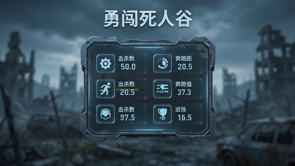 主体是一块悬浮的任务面板,上面显示击杀数、奔跑距离等图标;布局为竖屏居中构图,面板占据画面中部;排版上图标与数字清晰排列,背景是模糊的末日荒野;风格简洁科技感与末日风结合,色调偏蓝灰;细节包括面板边缘磨损、图标发光、背景废墟虚化;画质高清,干净,无多余元素,面板上方写