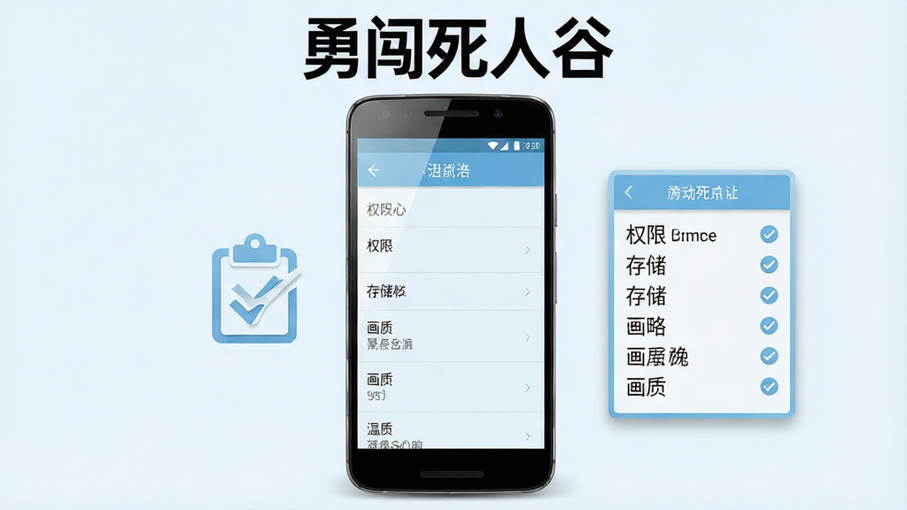 主体是一部安卓手机屏幕,显示游戏设置界面,旁边有检查清单图标;布局为居中构图,手机竖放,清单悬浮在右侧;排版上清单条目清晰,包含权限、存储、画质等关键词;风格简洁实用风,色调偏浅蓝与白;细节包括手机边框、屏幕反光、清单打勾标记;画质高清,干净,无多余元素,画面顶部写