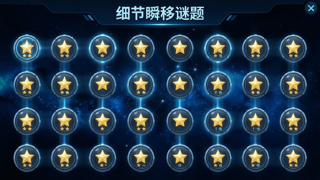 一张展示“细节瞬移谜题”游戏关卡选择界面的图片,画面中布满整齐排列的圆形关卡按钮,部分已点亮星星评分,背景是深蓝色星空,有光线从按钮间穿过,风格科技感十足,画质细腻,干净无多余元素