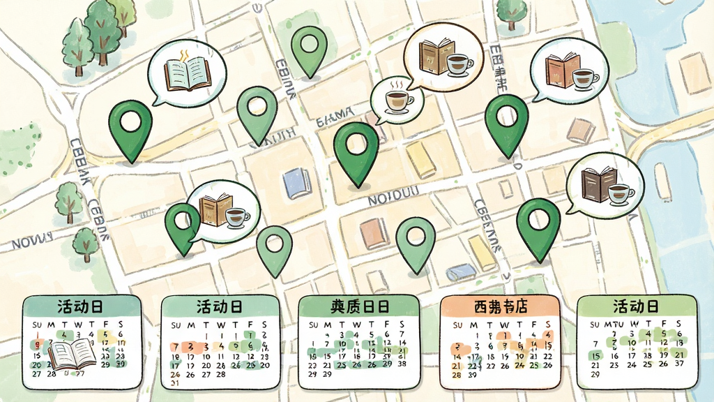 一张手绘风格的城市地图,地图上标注多个西西弗书店的绿色定位图标,每个图标旁连接着一个小气泡,气泡内展示书本和咖啡杯图案。地图下方有一排活动日历卡片。整体布局清晰,风格清新,细节丰富,画质高清,干净无多余元素。