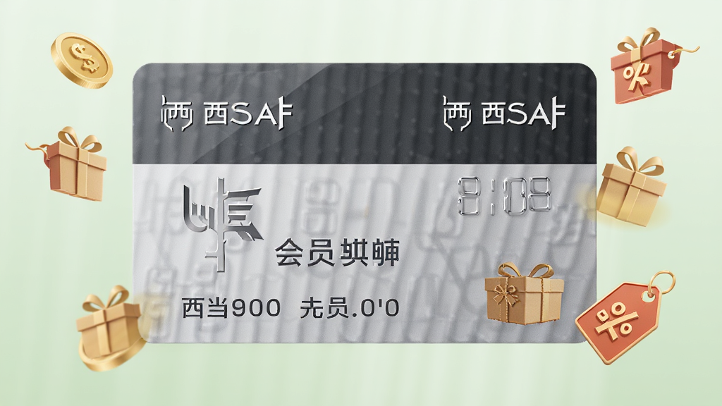 一张会员卡特写,卡片上有西西弗标志和会员姓名,卡片周围环绕着金币、礼物盒和折扣标签等图标。背景为淡绿色渐变,风格简约商务,排版整齐,细节精致,画质高清,干净无多余元素。
