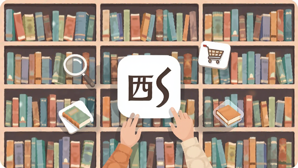 一个明亮温馨的线上书店场景,巨大的虚拟书架上整齐排列着各种颜色的书籍,书架前悬浮着西西弗软件的Logo。画面中央有一双正在挑选书籍的手,周围飘浮着放大镜和购物车图标。风格为扁平化插画,色彩柔和,布局平衡,画质清晰,干净无多余元素。