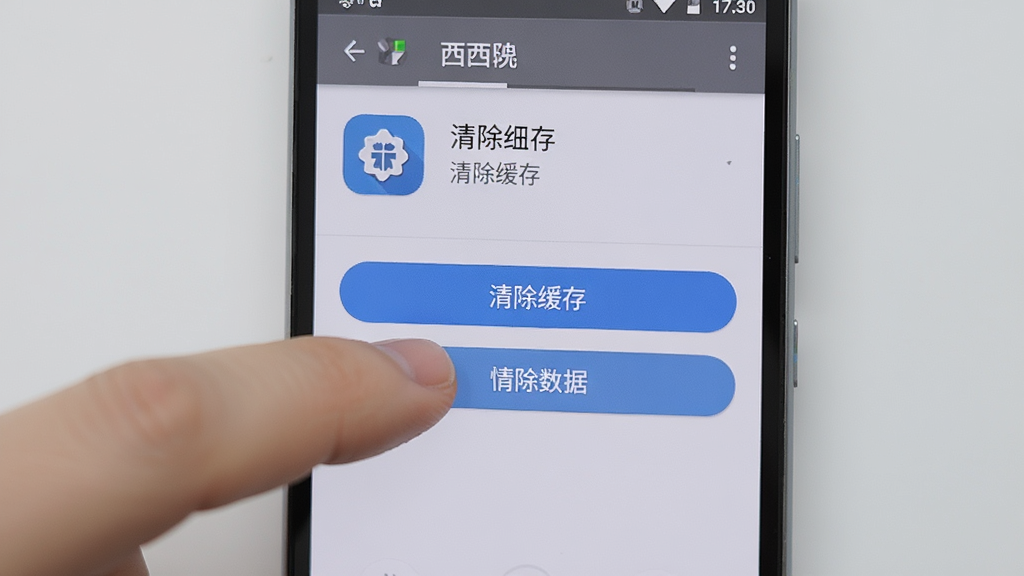 一部安卓手机屏幕显示西西弗软件的应用信息页面,页面中有清除缓存和清除数据的按钮,旁边有一只手正在点击清除缓存选项。背景为简洁的浅灰色,风格干净利落,排版直观,细节清晰,画质高清,干净无多余元素。