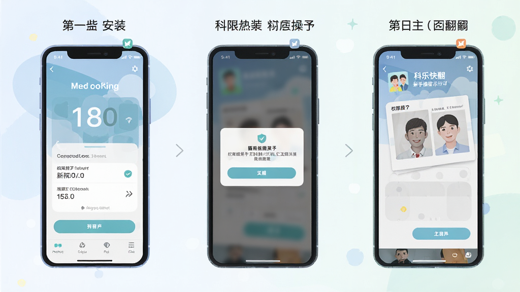 科乐快翻新手操作示意图,画面展示手机屏幕上从安装到使用的三个步骤截图,第一步是安装界面,第二步是权限授予弹窗,第三步是翻译主界面。整体采用扁平化插画风格,配色柔和,布局清晰,画质干净无多余元素。
