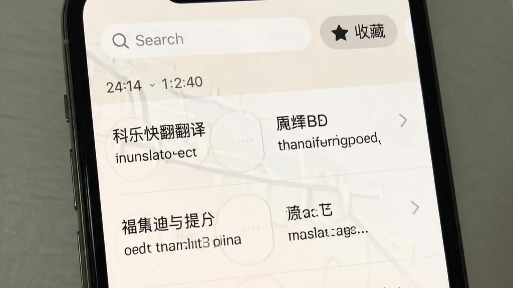 科乐快翻翻译历史记录界面展示图,手机屏幕显示按时间排列的翻译记录列表,每条记录包含原文和译文对照,顶部有搜索框和收藏筛选按钮。整体界面风格清爽素雅,浅色背景,文字清晰可读,画质干净无杂乱元素。