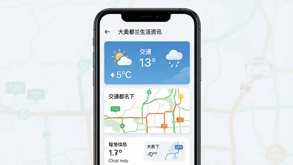 ��������������Ѷҳ�棬����Ϊ�ֻ���Ļ��ʾ�����뽻ͨ��Ϣ��Ƭ������Ϊ�����б����Ű���������Ϊ��ˬ����ϸ�ڰ�������ͼ�ꡢ�¶����֡�·����ɫ��ʶ�����ʸ��壬�ɾ����޶���Ԫ��