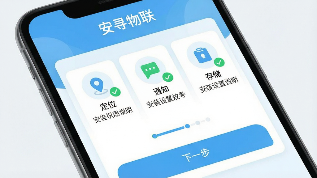 安寻物联 安装设置引导图,手机屏幕显示权限开启引导页面,页面上有三个权限图标分别标注“定位”“通知”“存储”,每个图标旁有绿色对勾标记,屏幕顶部为“安寻物联”文字,底部为“下一步”按钮,整体风格为清新浅色卡片式布局,细节包括权限说明文字、进度指示点,画质高清,干净,无多余元素