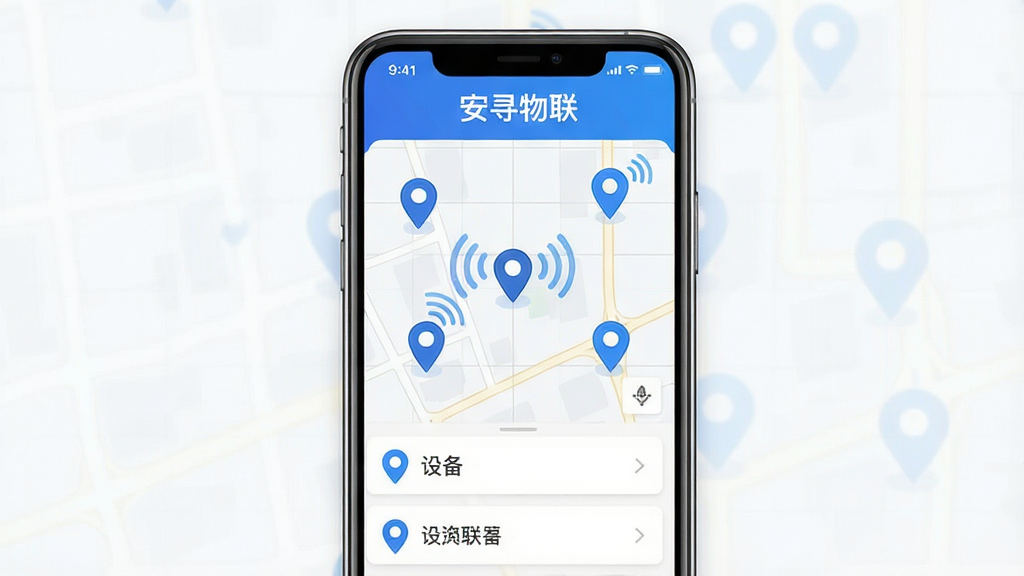 安寻物联 软件主界面展示图,手机屏幕中央显示地图定位界面,地图上有多个蓝色定位标记点,屏幕上方为软件名称“安寻物联”文字,屏幕下方为设备列表卡片,整体布局简洁清晰,风格为现代科技感扁平化设计,细节包括地图网格线、定位图标、信号波纹,画质高清,干净,无多余元素