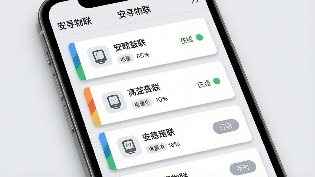 安寻物联 多设备管理列表界面图,手机屏幕显示垂直排列的设备卡片列表,每张卡片包含设备图标、名称、电量百分比、在线状态圆点,卡片左侧有彩色标识条区分设备分组,屏幕顶部为“安寻物联”标题栏,整体风格为浅灰质感商务风,细节包括卡片阴影、状态标签、操作按钮,画质高清,干净,无多余元素