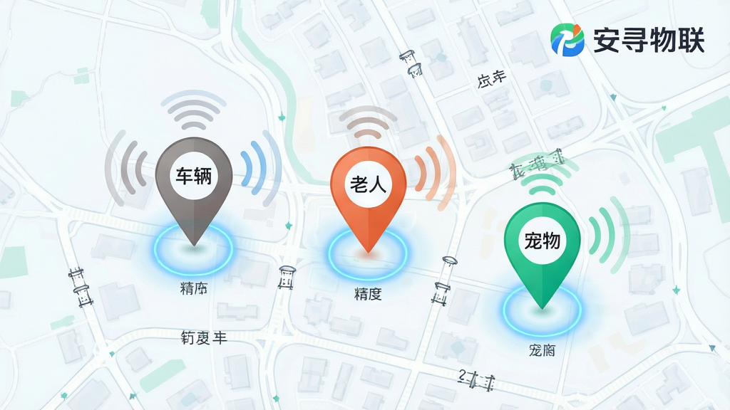 安寻物联 实时定位功能展示图,画面为一张城市地图俯视图,地图上有三个不同颜色的定位图钉分别标注“车辆”“老人”“宠物”,每个图钉旁有信号波纹扩散效果,地图右上角显示“安寻物联”软件Logo,整体风格为清新浅色科技风,布局居中,细节包含道路线条、定位精度光圈,画质高清,干净,无多余元素