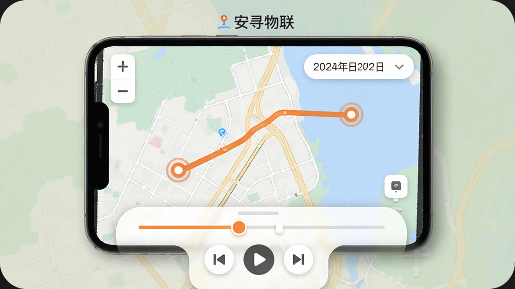 安寻物联 历史轨迹回放功能界面图,手机屏幕显示地图上一条橙色轨迹线,轨迹起点和终点有圆形标记,屏幕底部为时间轴滑块和播放控制按钮,屏幕顶部有“安寻物联”文字标识,整体风格为柔和圆角卡片式设计,细节包括地图缩放按钮、日期选择器,画质高清,干净,无多余元素