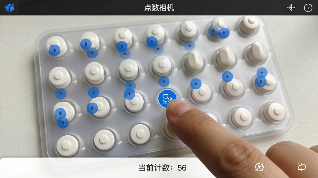 点数相机手动编辑界面截图,画面中显示一张拍摄了药片托盘的照片,照片上有若干蓝色圆形标记点,用户手指正在点击其中一个标记点进行删除操作,屏幕底部显示“当前计数:56”,顶部有“点数相机”软件名称,界面风格清新,画质清晰,无多余元素