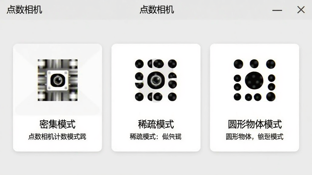 点数相机计数模式选择界面截图,画面中展示三种模式卡片:“密集模式”“稀疏模式”“圆形物体模式”,每个卡片配有对应的图标和简短说明,背景为浅灰色,顶部显示“点数相机”软件名称,界面设计简洁明了,画质清晰,无多余元素