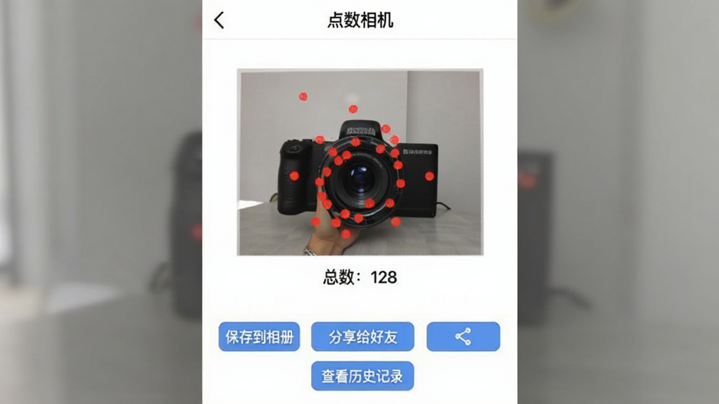 点数相机结果分享界面截图,画面中显示一张带有红色标记点和“总数:128”字样的照片,下方有“保存到相册”“分享给好友”“查看历史记录”三个按钮,顶部显示“点数相机”软件名称,背景为白色,风格简洁,画质清晰,无多余元素