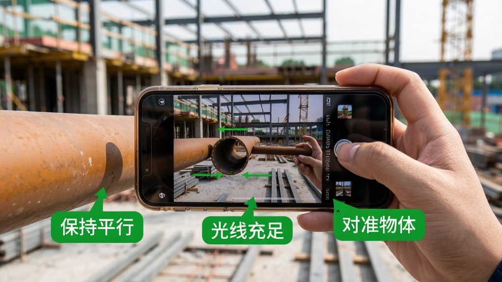 点数相机新手操作示意图,画面展示一部手机拍摄钢管的正确姿势,手机与钢管平行,画面中标注了“保持平行”“光线充足”“对准物体”三个绿色提示标签,背景为建筑工地,风格写实,画质清晰,无多余元素