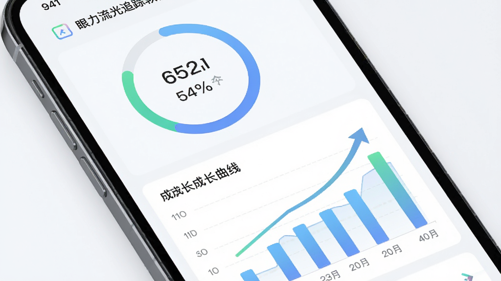 眼力流光追踪软件数据反馈界面的生图,主体为手机屏幕展示训练报告图表,布局为上方环形进度图下方柱状趋势图,排版清晰规整,风格为清新浅色商务风,细节包括准确率百分比、反应时间数值、成长曲线箭头,画质高清,干净,无多余元素